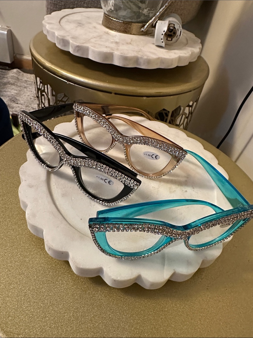 Rhinestone Cat Eye Glasses Trio - Black, Champagne & Teal +1.5